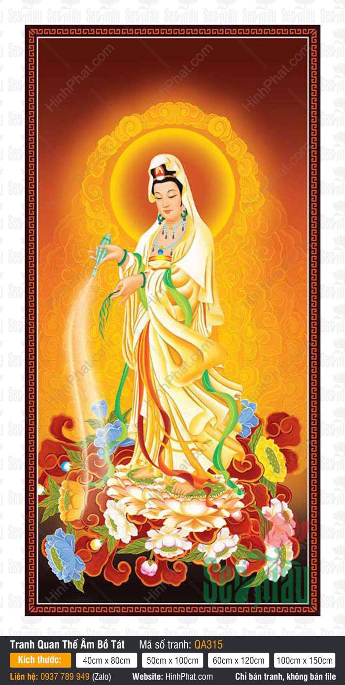 Ảnh Phật Quan Âm Đẹp Nhất QA315 Bức Ảnh Phật Quan Âm Đẹp Nhất QA315 khoác áo vàng đứng trên đài sen