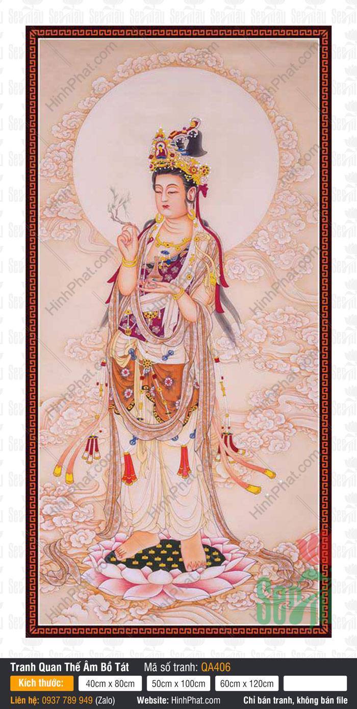 Ảnh Phật Quan Âm Đẹp Nhất QA406 Ảnh Phật Quan Âm Đẹp Nhất QA406 Bồ Tát đứng trên đài sen cầm cành dương liễu