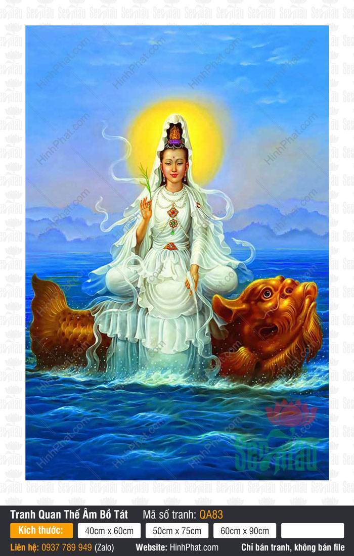 Ảnh Phật Quan Âm Đẹp Nhất QA83 Ảnh Phật Quan Âm Đẹp Nhất QA83 ngự trên linh ngư vàng giữa sóng biển xanh