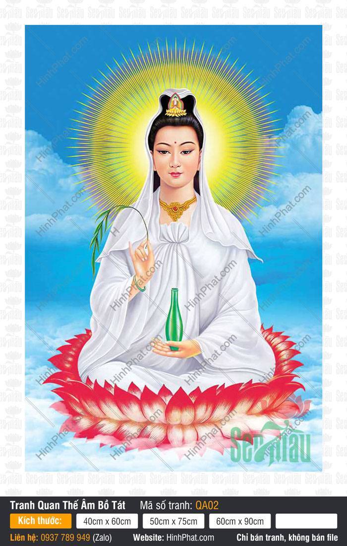 Bồ Tát Quán Thế Âm QA02 Bồ Tát Quán Thế Âm QA02 diện y trắng an tọa trên tòa sen đỏ tay cầm bình cam lộ