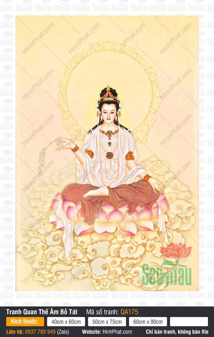 Bồ Tát Quán Thế Âm QA175 Bồ Tát Quán Thế Âm QA175 an tọa trên đài sen hồng giữa tầng mây vàng