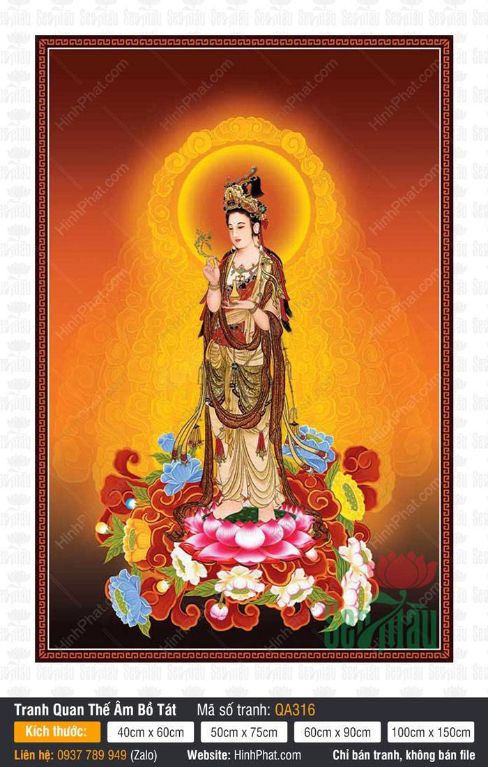 Bồ Tát Quán Thế Âm QA316 Bồ Tát Quán Thế Âm QA316 đứng đài sen hồng trên thảm hoa rực rỡ