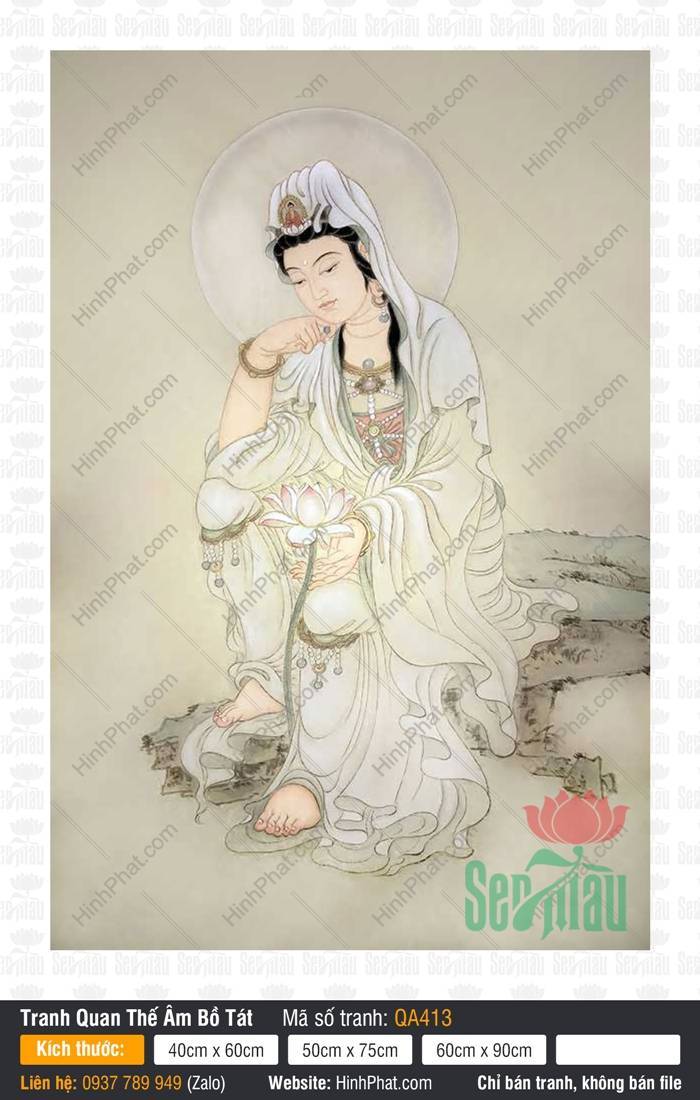 Bồ Tát Quán Thế Âm QA413 Bồ Tát Quán Thế Âm QA413 tọa thiền cầm sen hồng với nét vẽ tranh thủy mặc cổ điển