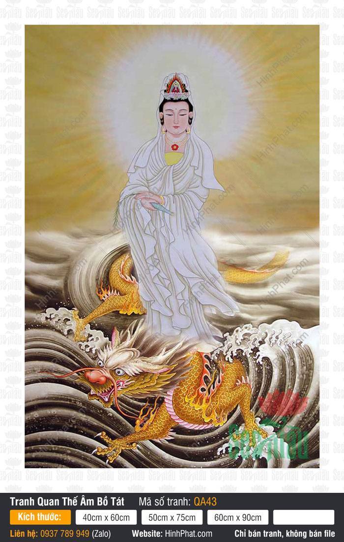 Bồ Tát Quán Thế Âm QA43 Bồ Tát Quán Thế Âm QA43 khoác y trắng dáng đứng cưỡi rồng vàng giữa sóng biển