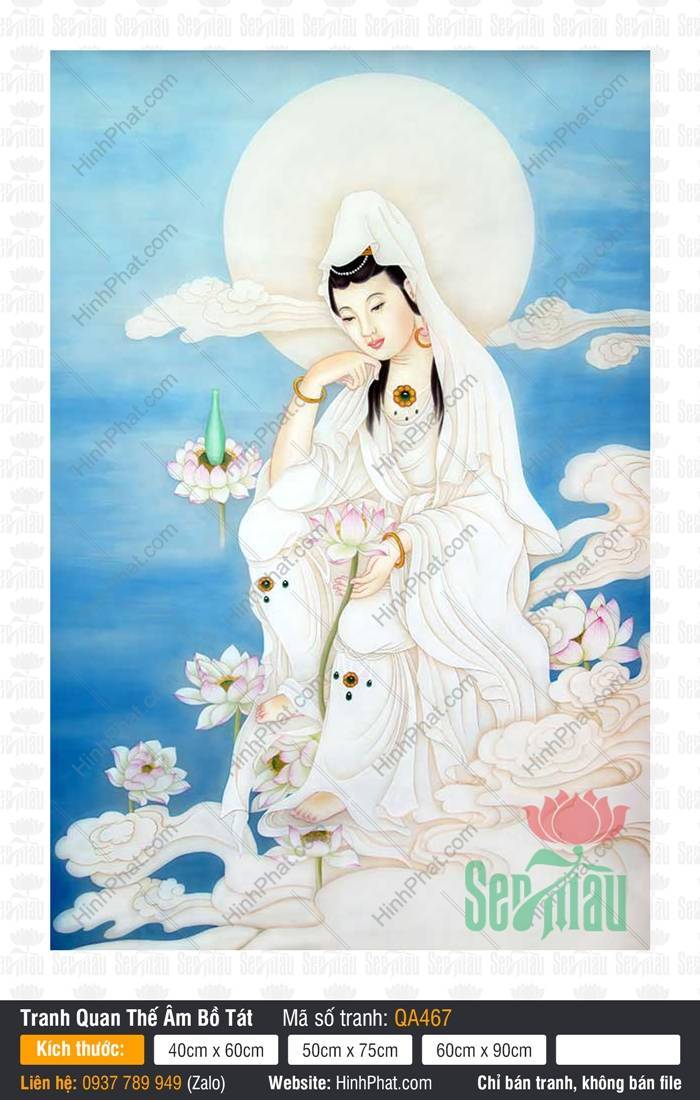 Bồ Tát Quán Thế Âm QA467 Bồ Tát Quán Thế Âm QA467 tọa thiền tự tại trên mây trắng trong y phục lụa trắng thanh khiết