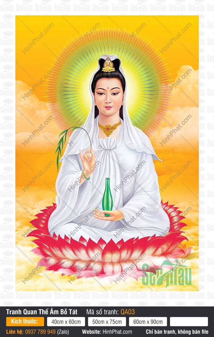 Đức Quan Thế Âm Bồ Tát QA03 Đức Quan Thế Âm Bồ Tát QA03 khoác y áo trắng ngự đài sen đỏ nâng bình cam lộ