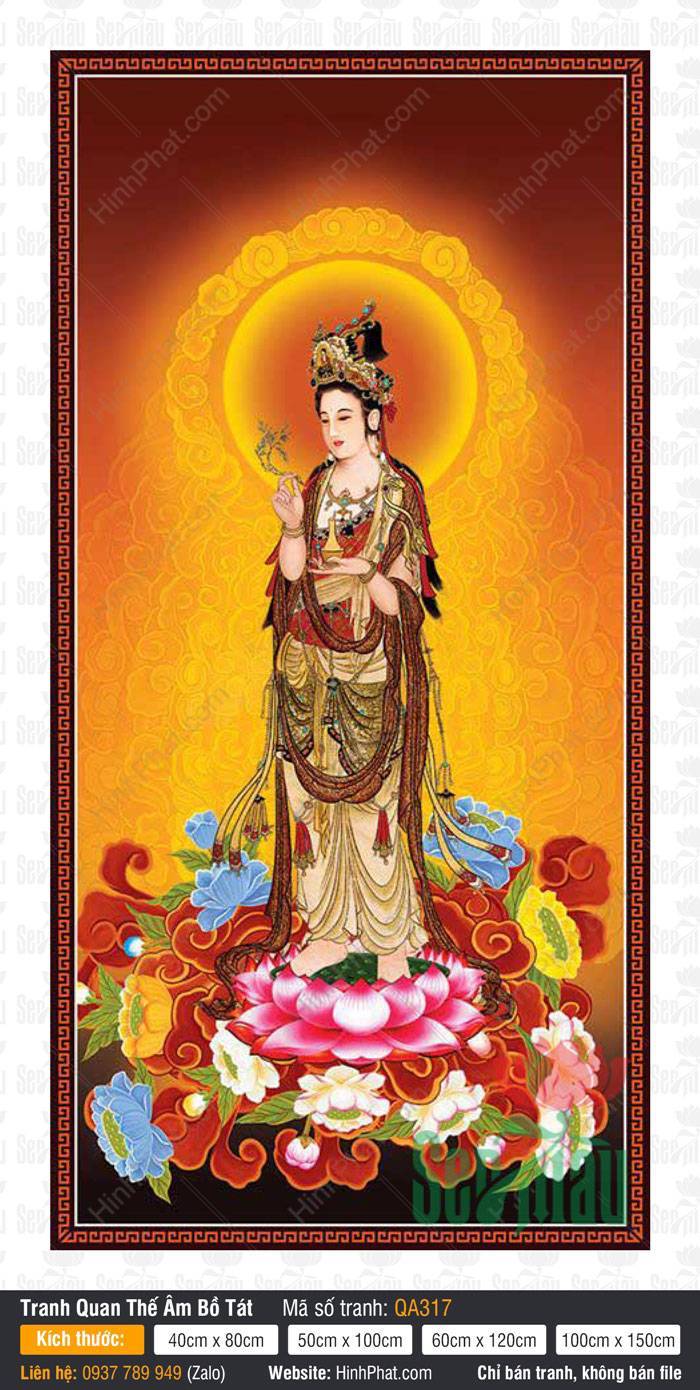Đức Quan Thế Âm Bồ Tát QA317 Đức Quan Thế Âm Bồ Tát QA317 đứng ngự đài sen hồng rực rỡ