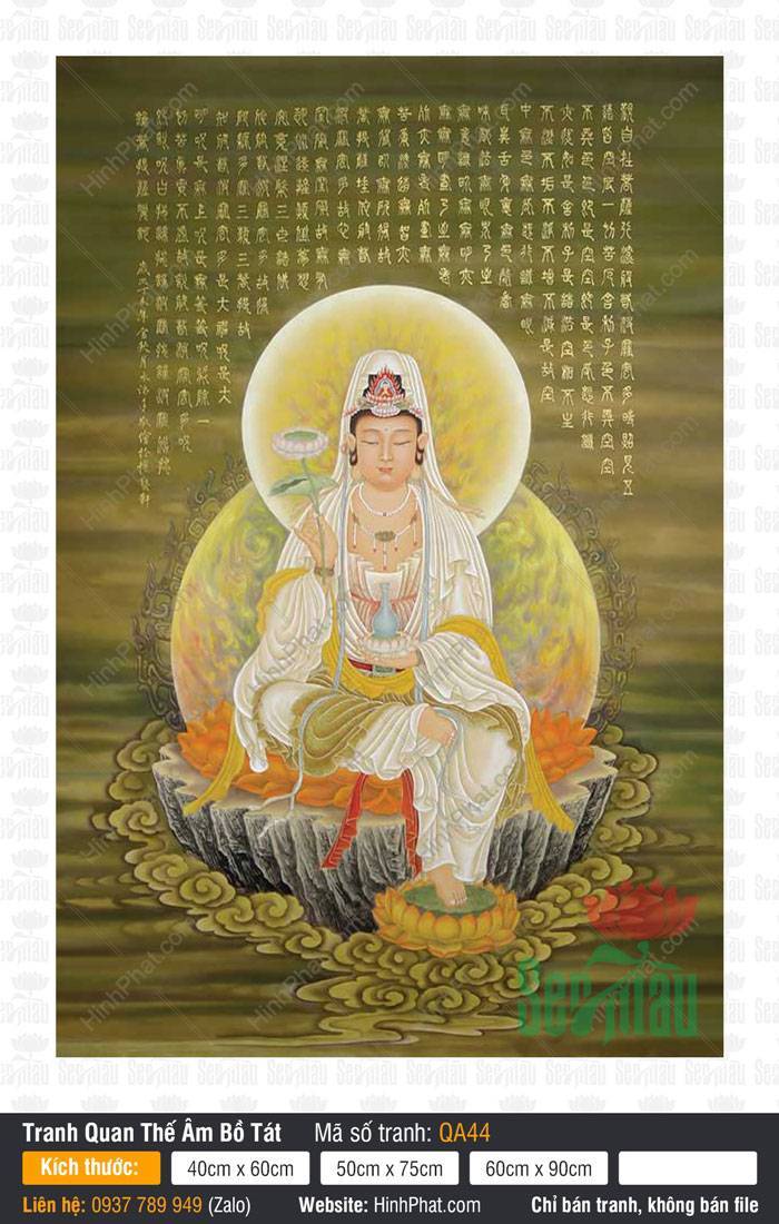 Đức Quan Thế Âm Bồ Tát QA44 Đức Quan Thế Âm Bồ Tát QA44 tọa sen bệ đá trên phông nền kinh chú chữ vàng cổ kính
