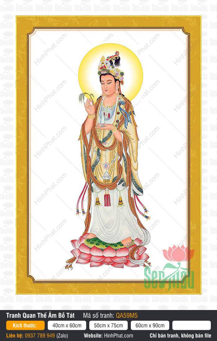 Đức Quan Thế Âm Bồ Tát QA59M5 Đức Quan Thế Âm Bồ Tát QA59M5 mặc y phục vàng đứng trên đài sen hồng