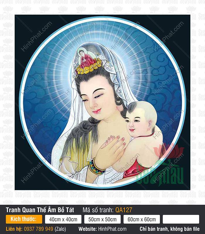 Hình Ảnh Bồ Tát Quán Thế Âm QA127 Hình Ảnh Bồ Tát Quán Thế Âm QA127 bồng đồng tử yếm đỏ trong khung tròn xanh