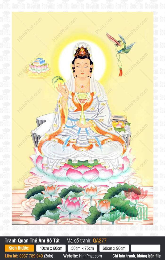 Hình Ảnh Bồ Tát Quán Thế Âm QA277 Hình Ảnh Bồ Tát Quán Thế Âm QA277 an tọa kiết già trên đài sen hồng nền vàng