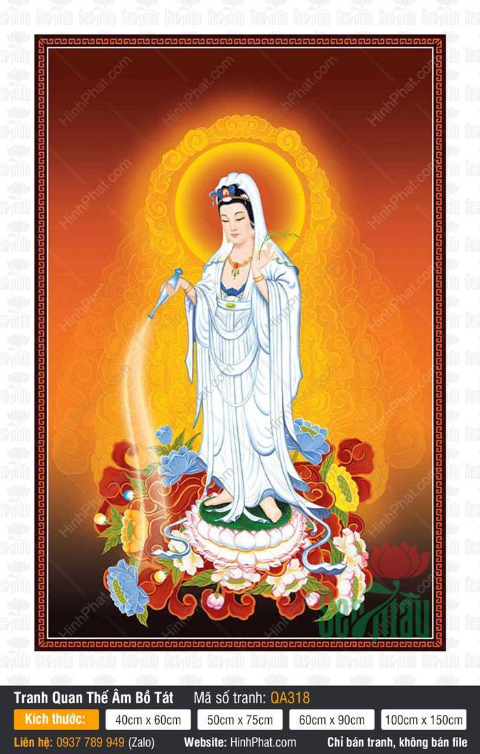 Hình Ảnh Bồ Tát Quán Thế Âm QA318 Hình Ảnh Bồ Tát Quán Thế Âm QA318 áo trắng đứng đài sen rưới nước cam lộ