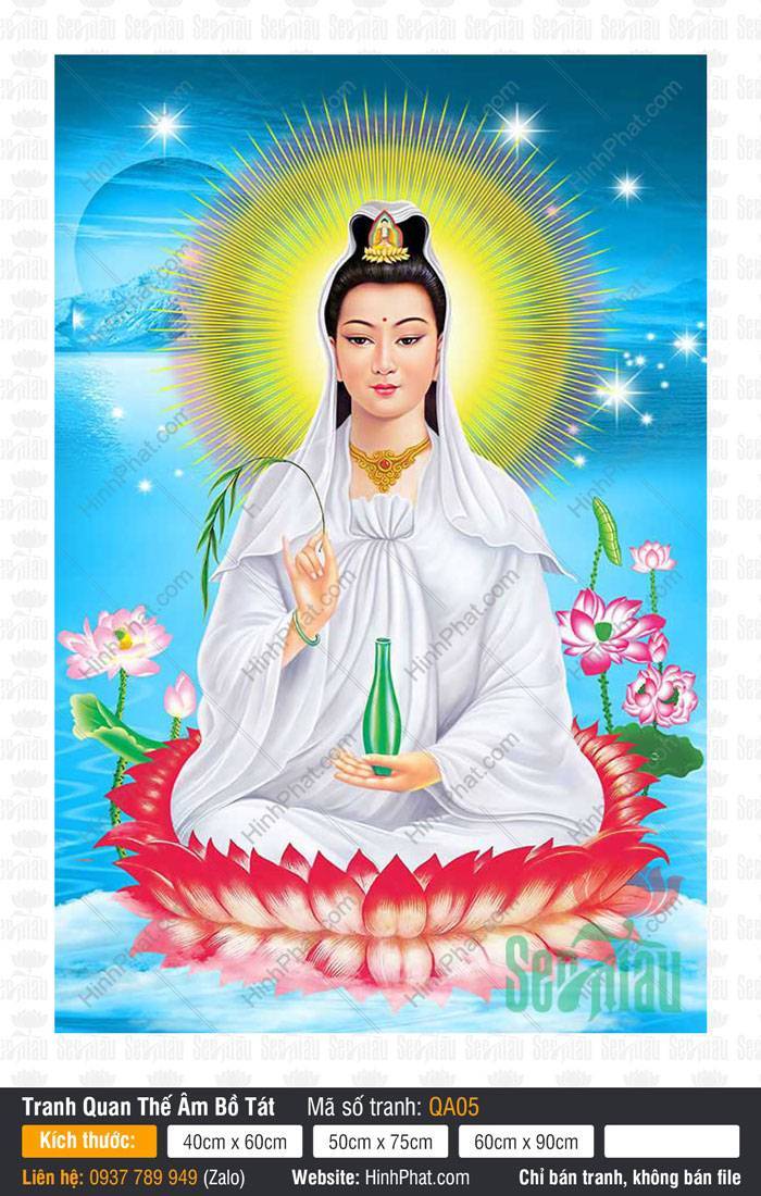 Hình Ảnh Bồ Tát Quán Thế Âm - Size Lớn QA05 Hình Ảnh Bồ Tát Quán Thế Âm - Size Lớn QA05 khoác áo trắng ngự đài sen đỏ