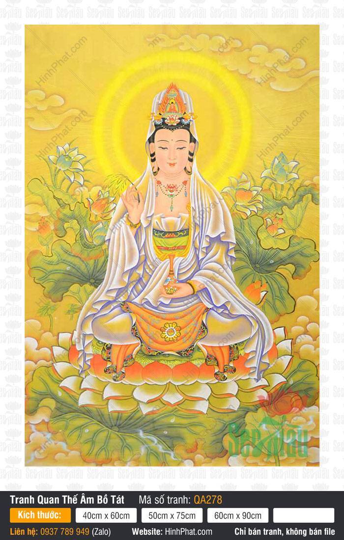 Hình Ảnh Bồ Tát Quán Thế Âm - Size Lớn QA278 Hình Ảnh Bồ Tát Quán Thế Âm - Size Lớn QA278 an tọa đài sen giữa nền vàng sáng