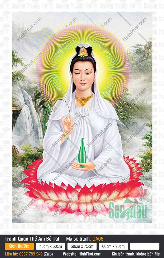 Hình Ảnh Phật Quan Âm Đẹp QA06 Hình Ảnh Phật Quan Âm Đẹp QA06 ngự tòa sen hồng nền sơn thủy