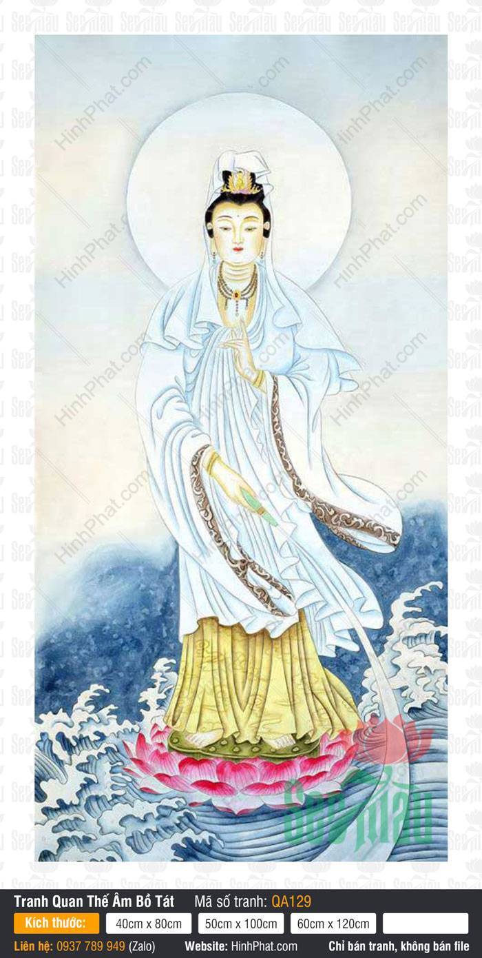 Hình Ảnh Phật Quan Âm Đẹp QA129 Hình Ảnh Phật Quan Âm Đẹp QA129 áo trắng viền thêu đứng trên tòa sen hồng