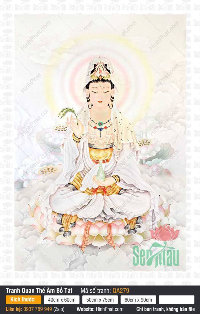 Hình Ảnh Phật Quan Âm Đẹp QA279 Hình Ảnh Phật Quan Âm Đẹp QA279 khoác bạch y tọa thiền trên đài sen giữa mây trắng