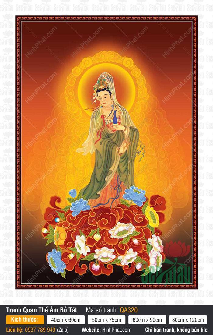 Hình Ảnh Phật Quan Âm Đẹp QA320 Hình Ảnh Phật Quan Âm Đẹp QA320 khoác y xanh rêu đứng trên cụm hoa