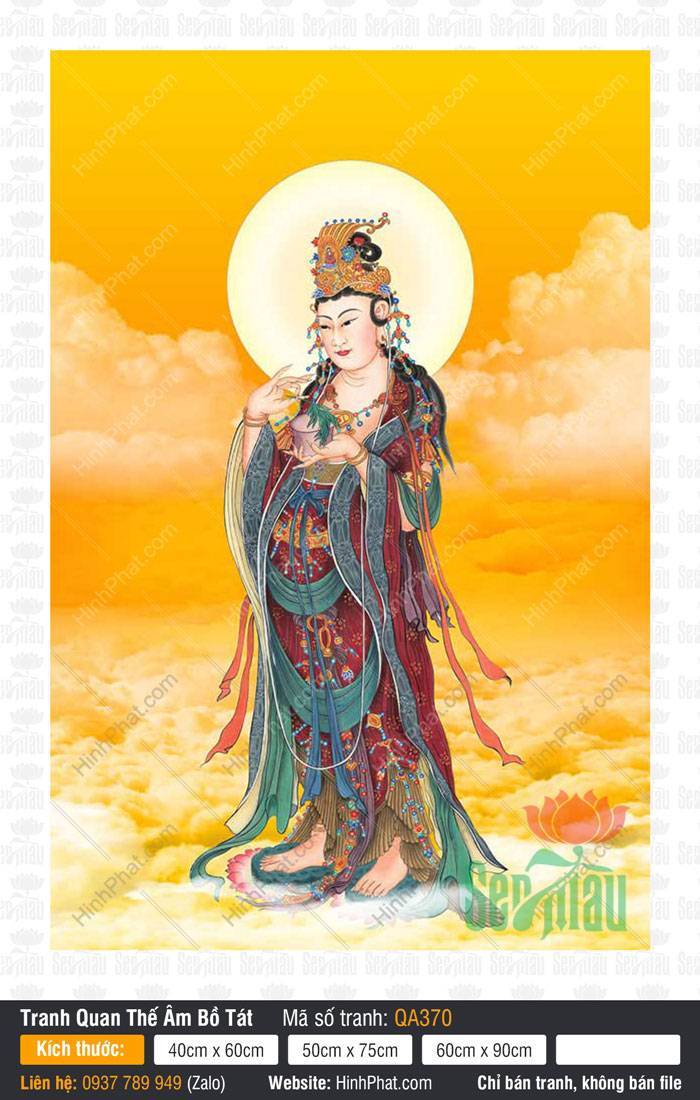 Hình Ảnh Phật Quan Âm Đẹp QA370 Hình Ảnh Phật Quan Âm Đẹp QA370 Bồ Tát đứng trên đài sen diện y phục đỏ xanh trang nghiêm
