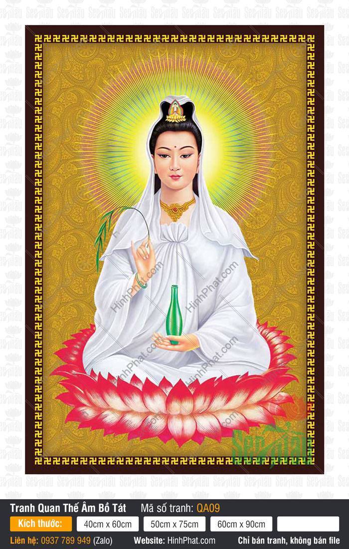 Hình Ảnh Quan Thế Âm Bồ Tát Đẹp Nhất QA09 Hình ảnh Quan Thế Âm Bồ Tát đẹp nhất QA09 áo trắng ngồi trên đài sen hồng nền vàng
