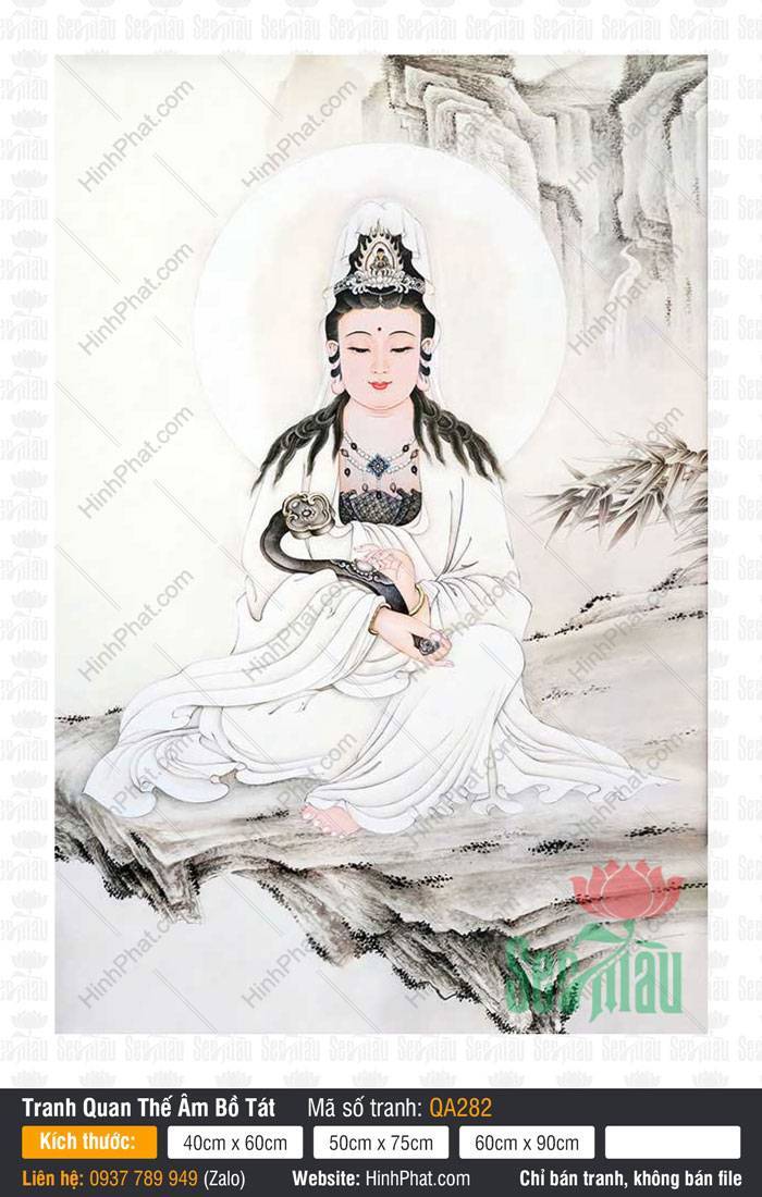 Hình Ảnh Quan Thế Âm Bồ Tát Đẹp Nhất QA282 Hình Ảnh Quan Thế Âm Bồ Tát Đẹp Nhất QA282 tĩnh tọa mỏm đá ôm gậy như ý phong cách thủy mạc