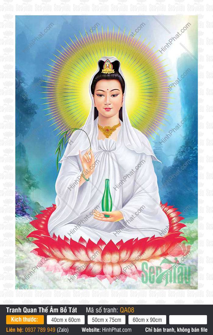 Hình Ảnh Quan Thế Âm Bồ Tát Đẹp QA08 Hình ảnh Quan Thế Âm Bồ Tát đẹp QA08 bạch y thanh tịnh ngồi tòa sen đỏ