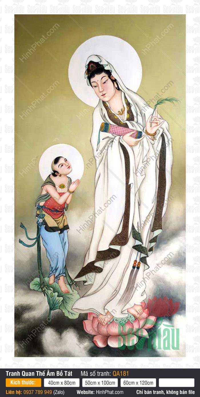 Hình Ảnh Quan Thế Âm Bồ Tát Đẹp QA181 Hình Ảnh Quan Thế Âm Bồ Tát Đẹp QA181 đứng trên đài sen cùng đồng tử chắp tay