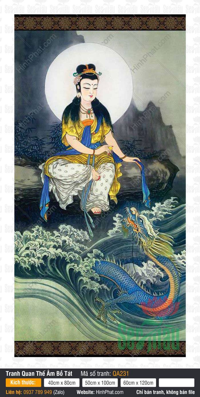 Hình Ảnh Quan Thế Âm Bồ Tát Đẹp QA231 Hình Ảnh Quan Thế Âm Bồ Tát Đẹp QA231 khoác áo vàng ngồi trên mỏm đá ngắm rồng xanh