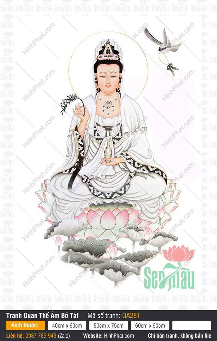 Hình Ảnh Quan Thế Âm Bồ Tát Đẹp QA281 Hình Ảnh Quan Thế Âm Bồ Tát Đẹp QA281 an tọa đài sen y phục trắng viền thổ cẩm đen