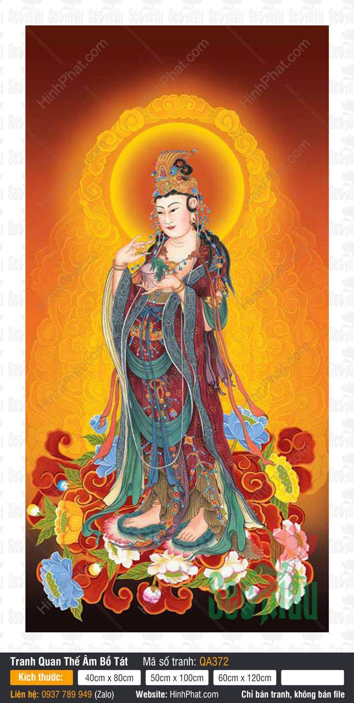 Hình Ảnh Quan Thế Âm Bồ Tát Đẹp QA372 Hình Ảnh Quan Thế Âm Bồ Tát Đẹp QA372 mặc y phục đỏ đứng trên đài sen rực rỡ