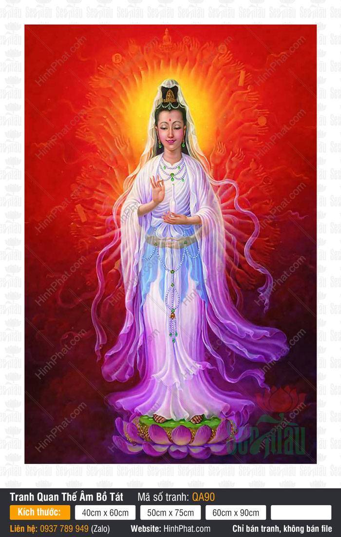 Hình Ảnh Quan Thế Âm Bồ Tát Đẹp QA90 Hình Ảnh Quan Thế Âm Bồ Tát Đẹp QA90 nhiều tay áo trắng tím trên đài sen nền đỏ