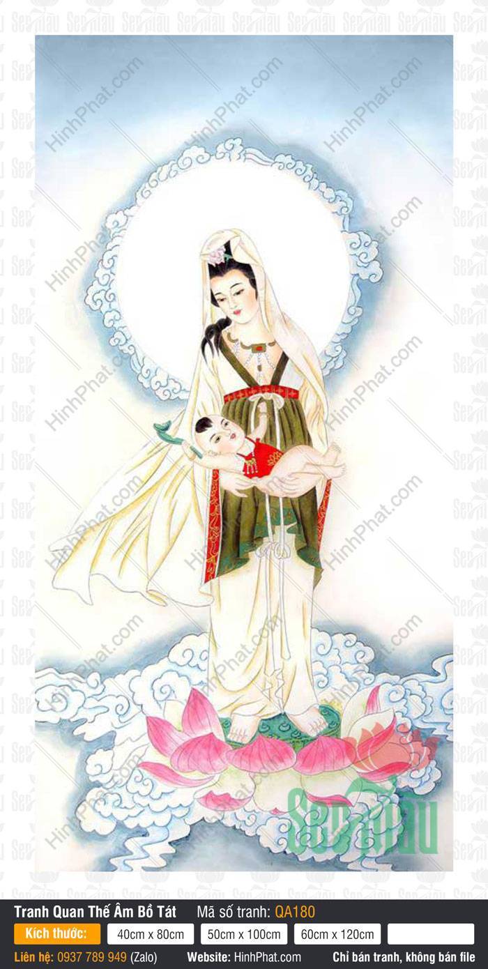 Hình Ảnh Quan Thế Âm Bồ Tát QA180 Hình Ảnh Quan Thế Âm Bồ Tát QA180 bồng đồng tử đứng trên đài sen hồng giữa mây