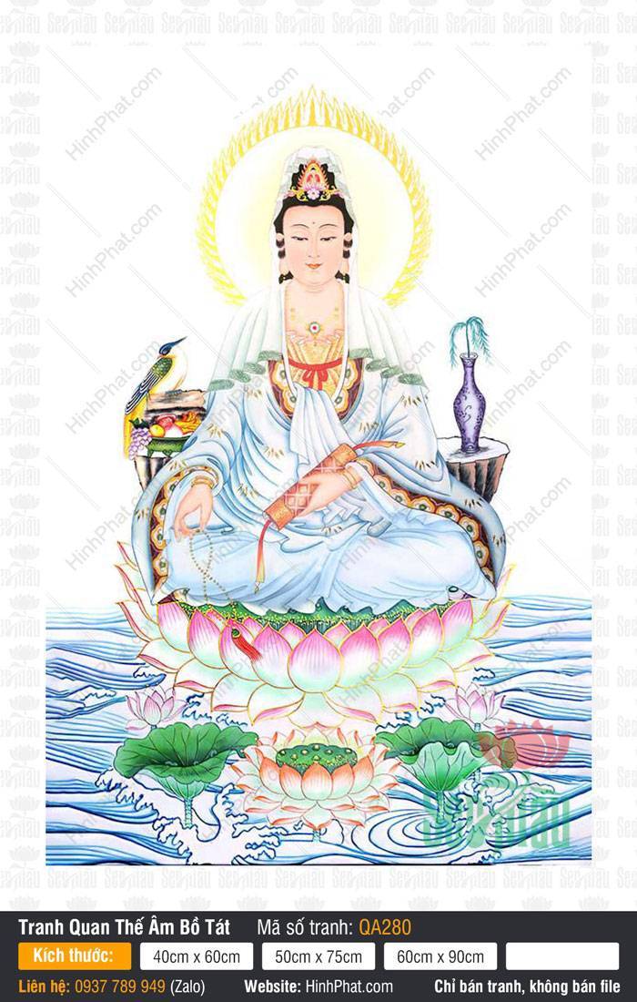 Hình Ảnh Quan Thế Âm Bồ Tát QA280 Hình Ảnh Quan Thế Âm Bồ Tát QA280 an tọa trên đài sen hồng tay giữ cuộn kinh