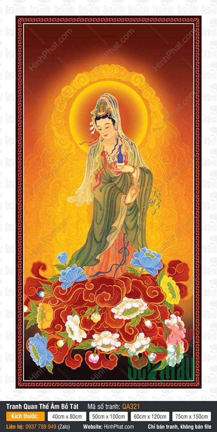 Hình Ảnh Quan Thế Âm Bồ Tát QA321 Hình Ảnh Quan Thế Âm Bồ Tát QA321 mặc áo xanh rưới nước tịnh bình