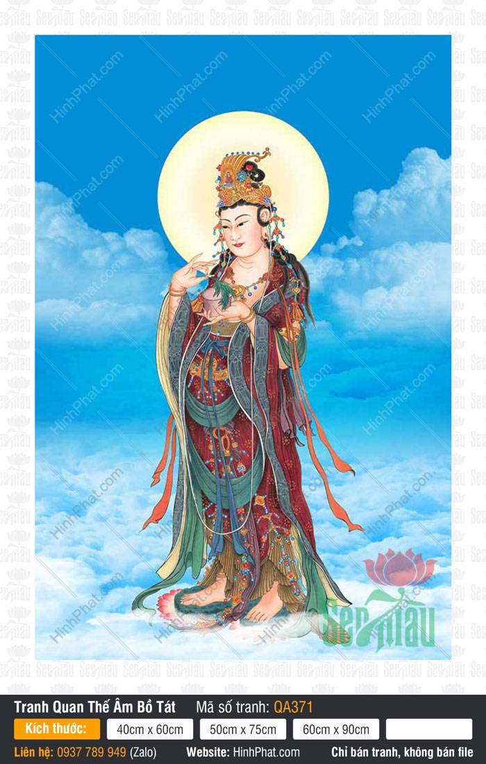 Hình Ảnh Quan Thế Âm Bồ Tát QA371 Hình Ảnh Quan Thế Âm Bồ Tát QA371 tôn tượng đứng trên đài sen hồng giữa nền trời xanh mây trắng