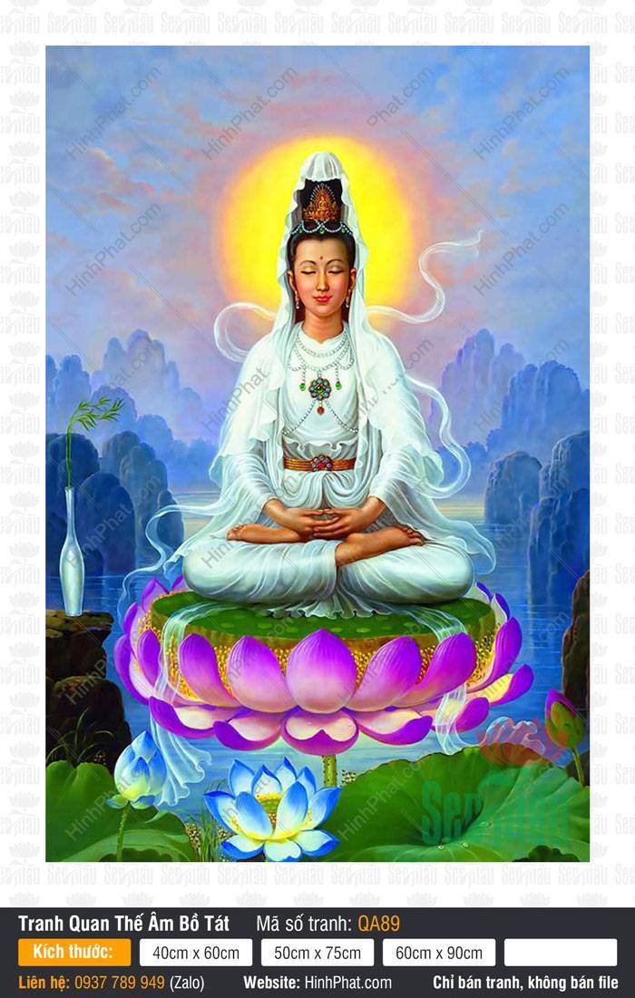 Hình Ảnh Quan Thế Âm Bồ Tát QA89 Hình Ảnh Quan Thế Âm Bồ Tát QA89 tọa thiền kiết già trên đài sen tím hồng giữa non nước