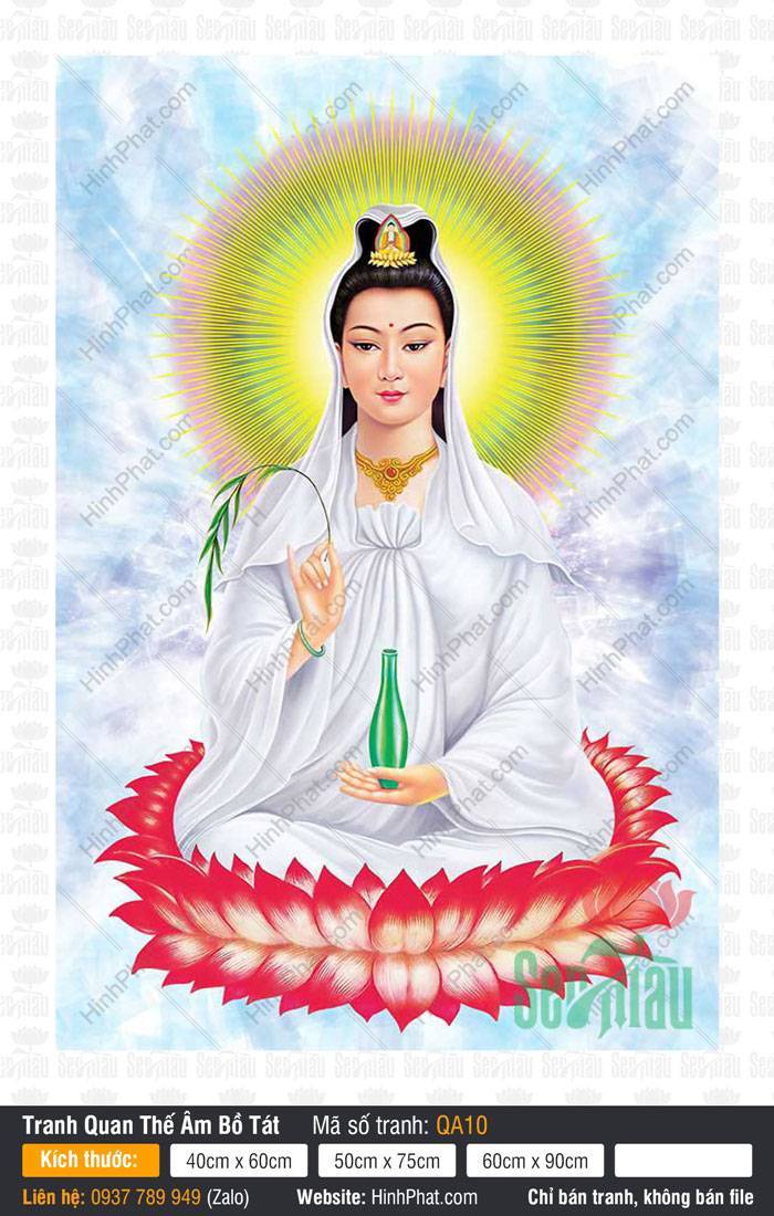 Hình Bồ Tát Quan Âm QA10 Hình Bồ Tát Quan Âm QA10 khoác y áo trắng an tọa trên đài sen đỏ hồng