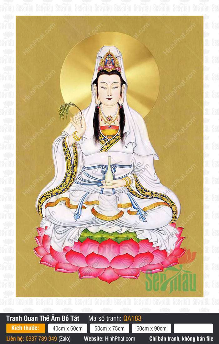Hình Bồ Tát Quan Âm QA183 Hình Bồ Tát Quan Âm QA183 ngồi kiết già trên đài sen hồng nền vàng