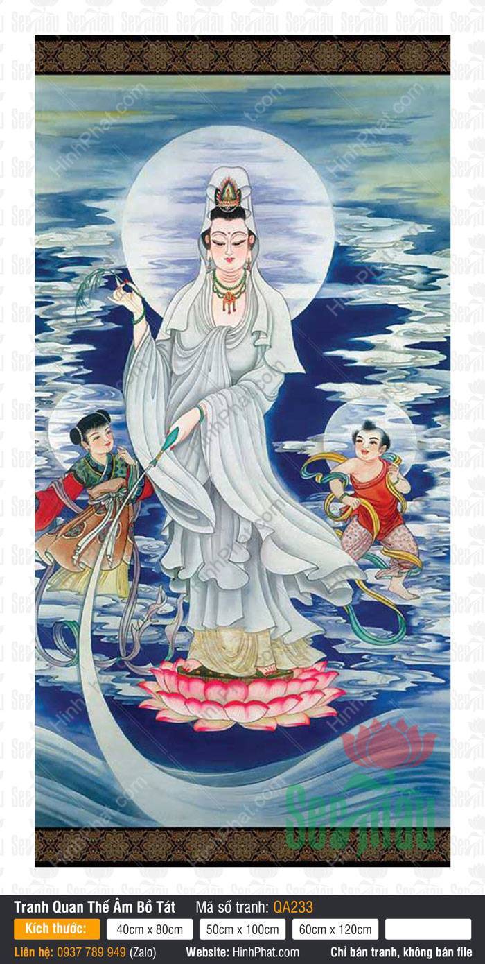 Hình Bồ Tát Quan Âm QA233 Hình Bồ Tát Quan Âm QA233 đứng trên đài sen hồng bên hai đồng tử giữa mây nước
