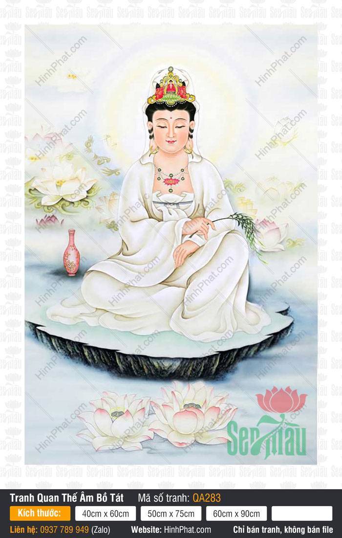 Hình Bồ Tát Quan Âm QA283 Hình Bồ Tát Quan Âm QA283 áo trắng an tọa thảm đá bên suối sen hồng