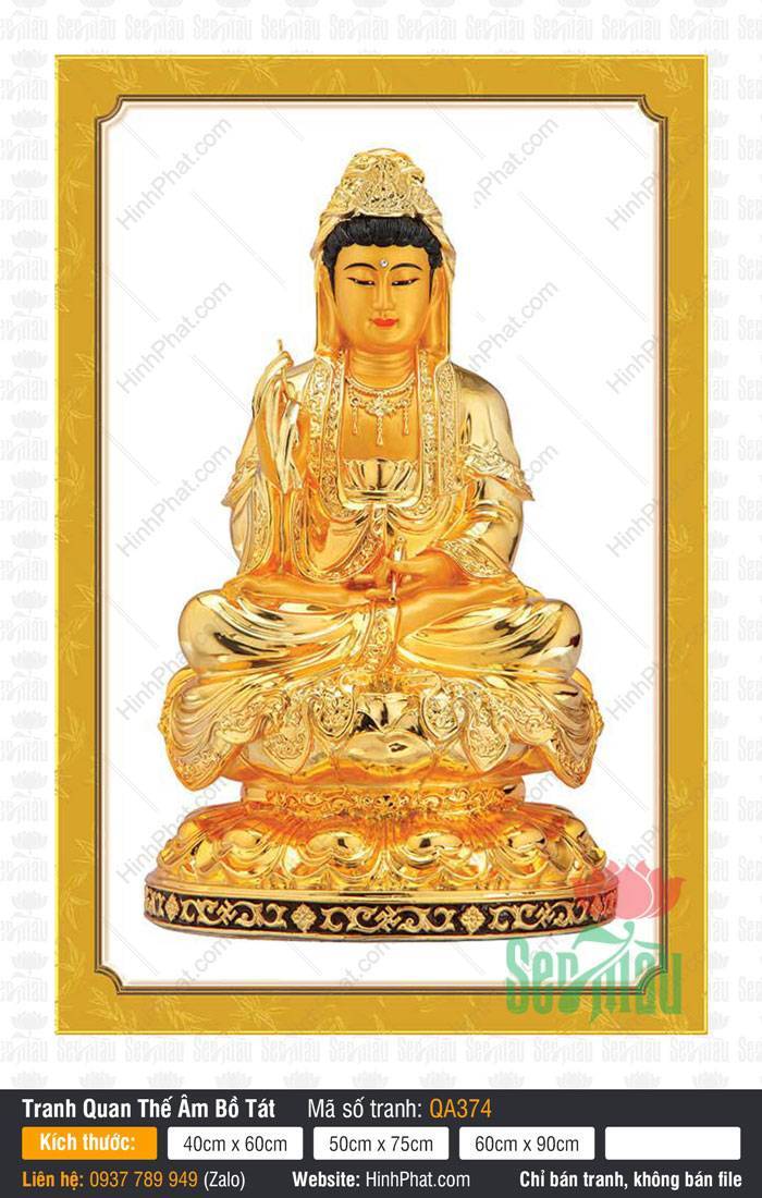 Hình Bồ Tát Quan Âm QA374 Hình Bồ Tát Quan Âm QA374 tôn tượng bằng vàng ngồi thiền trên đài sen trang nghiêm