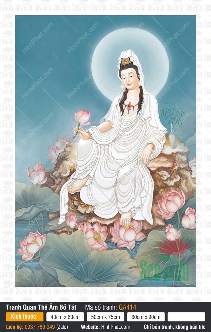 Hình Bồ Tát Quan Âm QA414 Hình Bồ Tát Quan Âm QA414 ngự trên gành đá giữa hồ sen y phục trắng thanh thoát