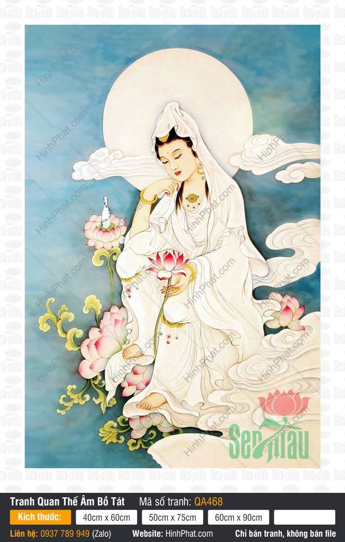 Hình Bồ Tát Quan Âm QA468 Hình Bồ Tát Quan Âm QA468 y trắng thanh khiết tư thế tự tại tựa má ngự giữa hồ sen