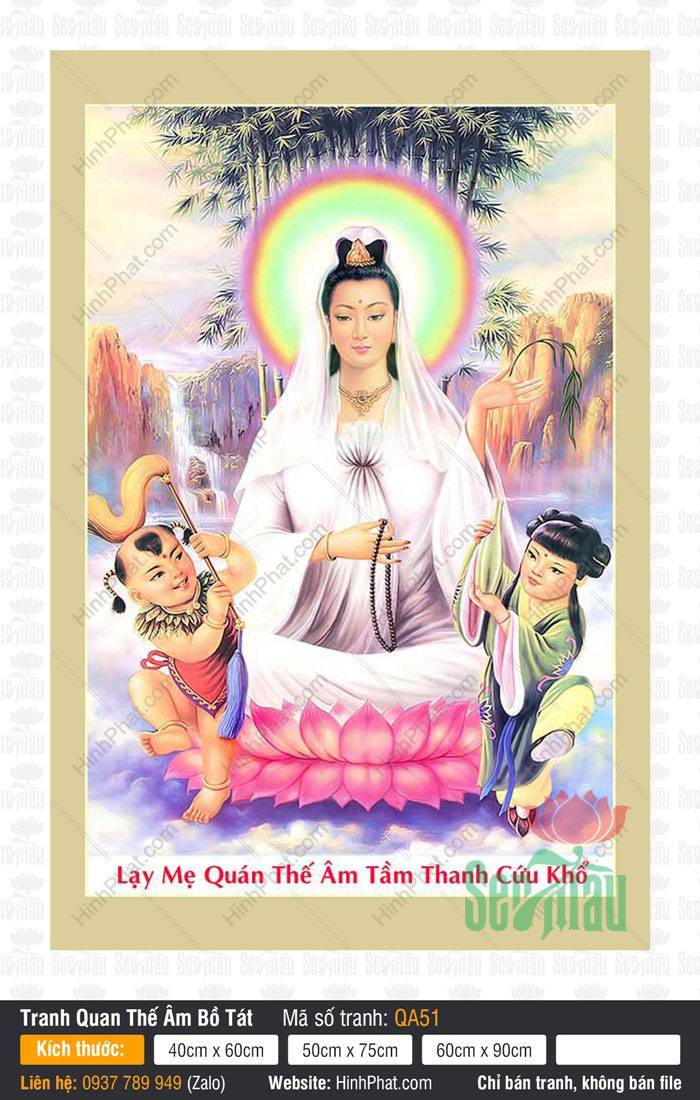 Hình Bồ Tát Quan Âm QA51 Hình Bồ Tát Quan Âm QA51 áo trắng tọa sen hồng bên Thiện Tài Long Nữ