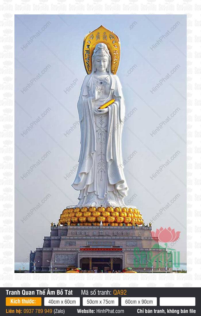Hình Bồ Tát Quan Âm QA92 Hình Bồ Tát Quan Âm QA92 khoác áo trắng đứng trên đài sen vàng tỏa hào quang