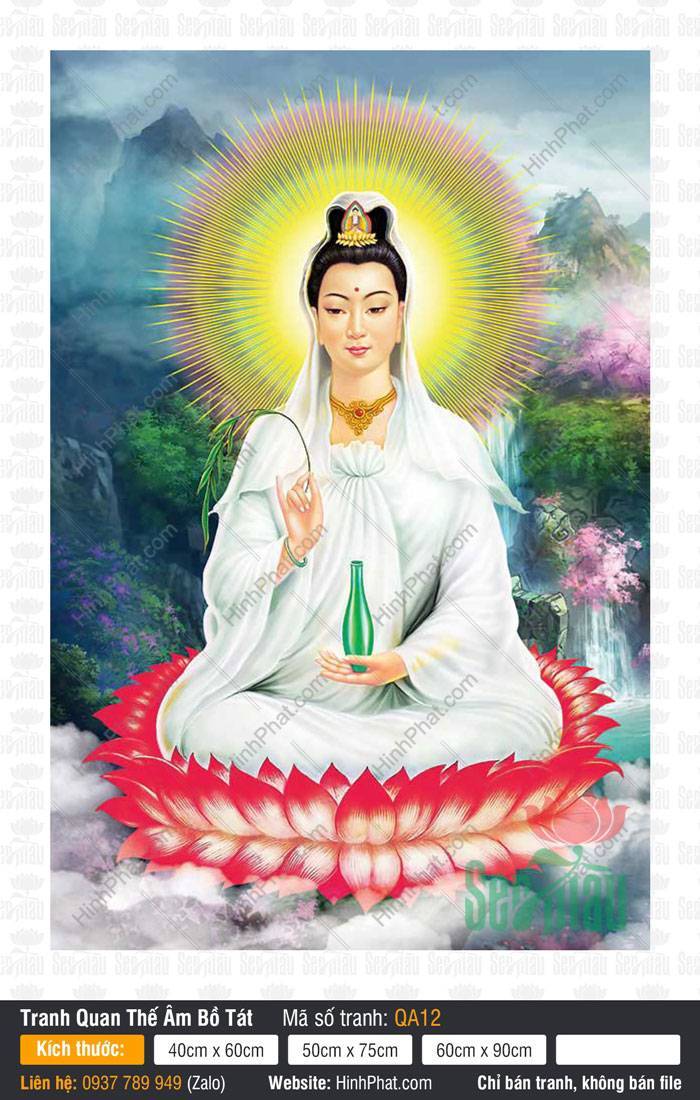 Hình Bồ Tát Quán Thế Âm Đẹp Nhất QA12 Hình Bồ Tát Quán Thế Âm Đẹp Nhất QA12 khoác y áo trắng ngự đài sen đỏ bên thác núi