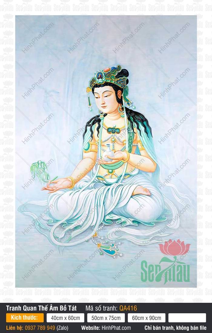 Hình Bồ Tát Quán Thế Âm Đẹp QA416 Hình Bồ Tát Quán Thế Âm Đẹp QA416 tọa thiền trên đài sen tay cầm tịnh bình