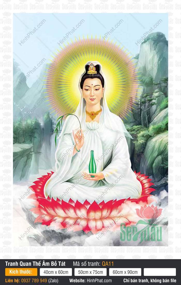 Hình Bồ Tát Quan Thế Âm QA11 Hình Bồ Tát Quan Thế Âm QA11 áo trắng ngồi đài sen đỏ giữa núi xanh