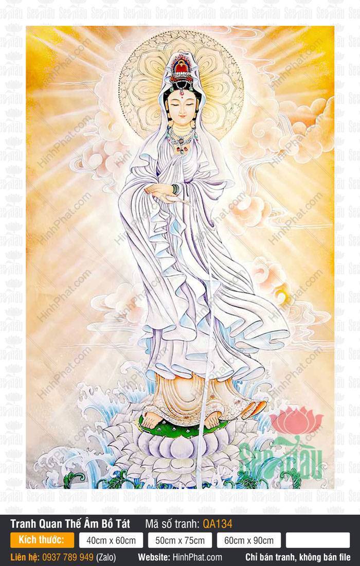 Hình Bồ Tát Quan Thế Âm QA134 Hình Bồ Tát Quan Thế Âm QA134 khoác áo trắng đứng trên đài sen giữa sóng biển