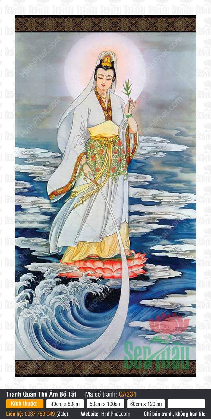 Hình Bồ Tát Quan Thế Âm QA234 Hình Bồ Tát Quan Thế Âm QA234 khoác bạch y cầm cành dương liễu lướt sóng